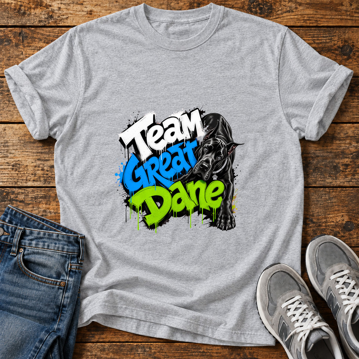 Team Great Dane graphic T-shirt in Sport Grey, shown on a flat-lay shirt mockup