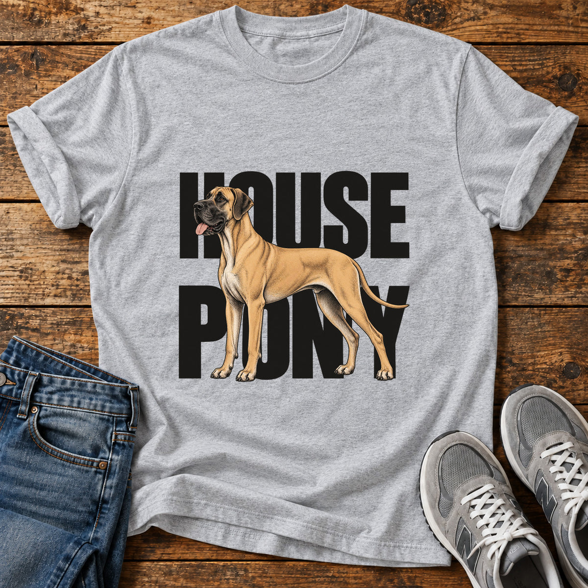 House Pony Great Dane graphic T-shirt in Sport Grey, shown on a flat-lay shirt mockup