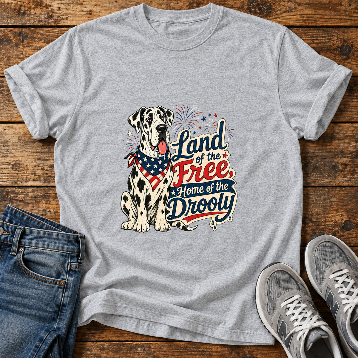Land of Drooly Great Dane graphic T-shirt in Sport Grey, shown on a flat-lay shirt mockup