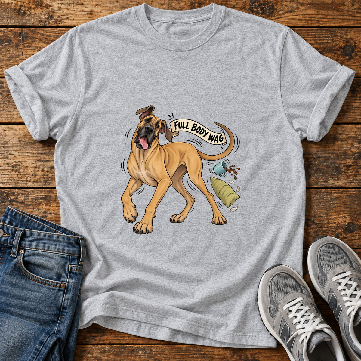 Full Body Wag Great Dane graphic T-shirt in Sport Grey, shown on a flat-lay shirt mockup