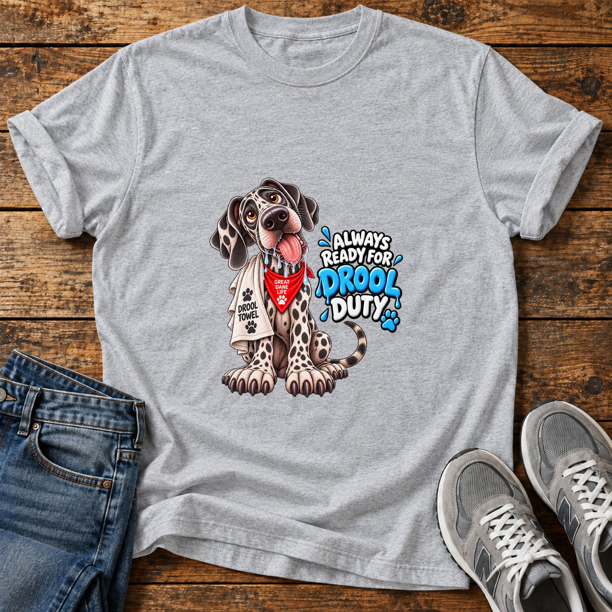 Drool Duty Great Dane graphic T-shirt in Sport Grey, shown on a flat-lay shirt mockup