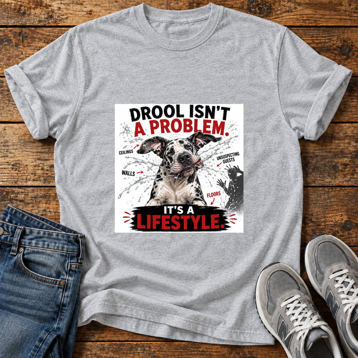 Drool Lifestyle Great Dane graphic T-shirt in Sport Grey, shown on a flat-lay shirt mockup