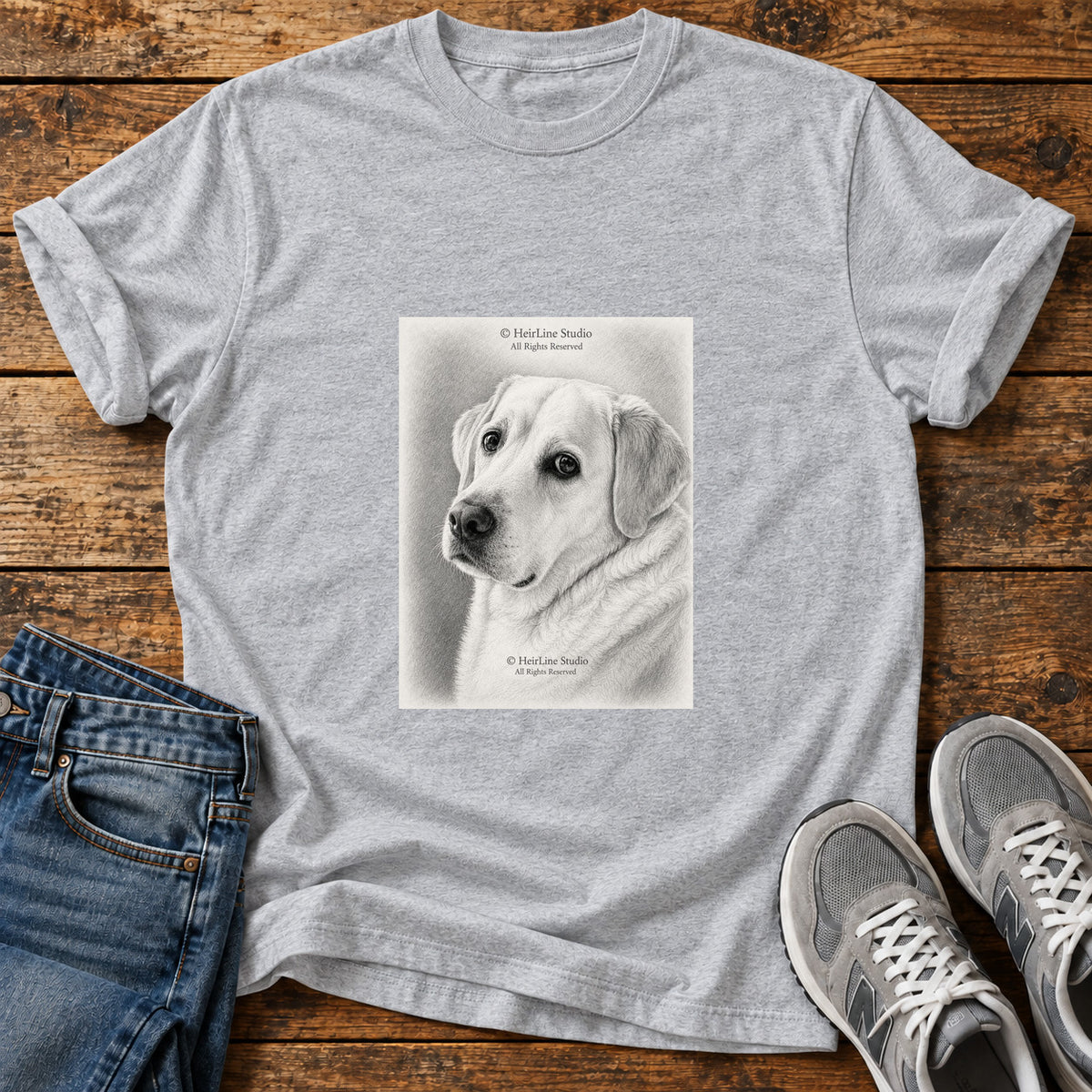 Gentle Lab Great Dane graphic T-shirt in Sport Grey, shown on a flat-lay shirt mockup