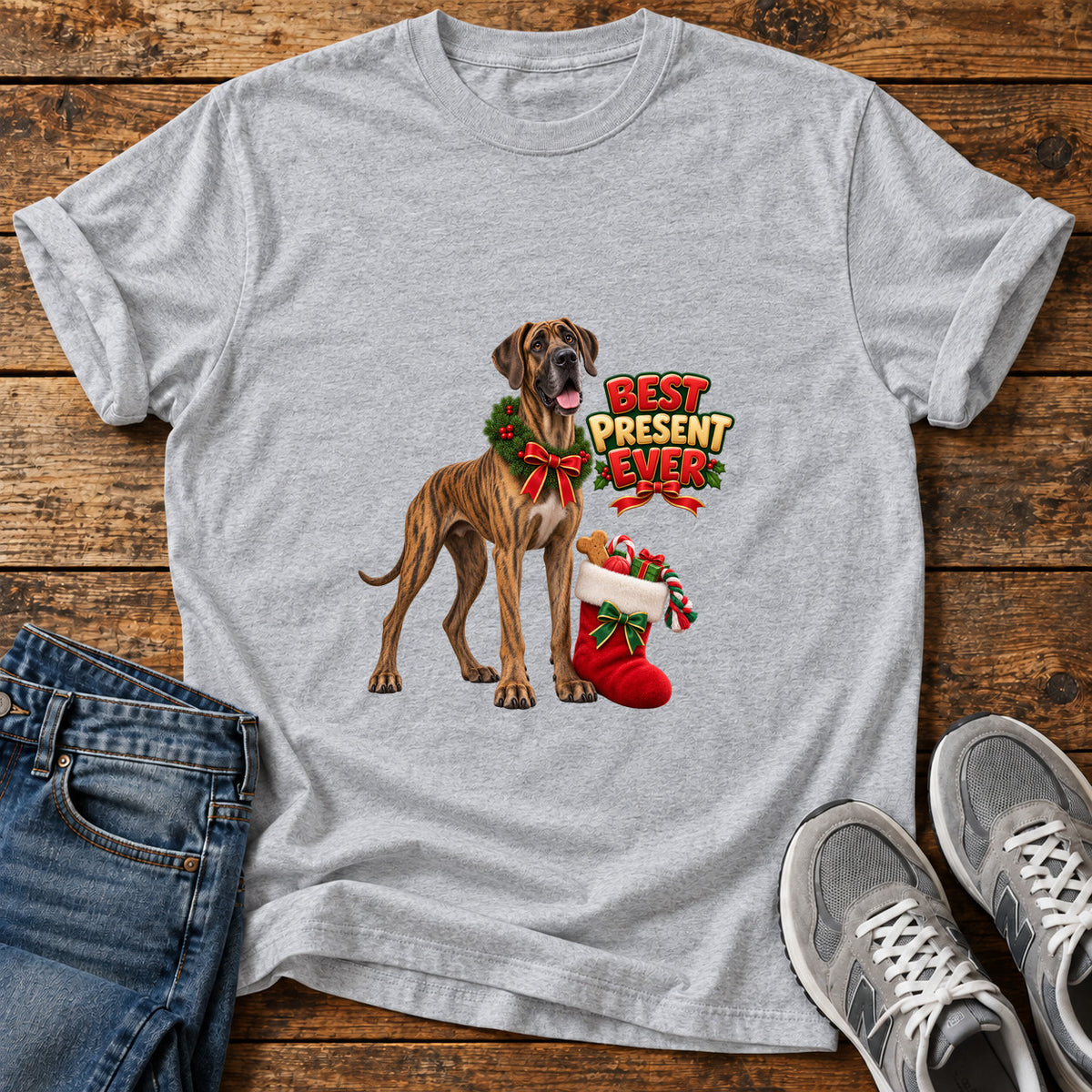 Best Present Ever Great Dane graphic T-shirt in Sport Grey, shown on a flat-lay shirt mockup