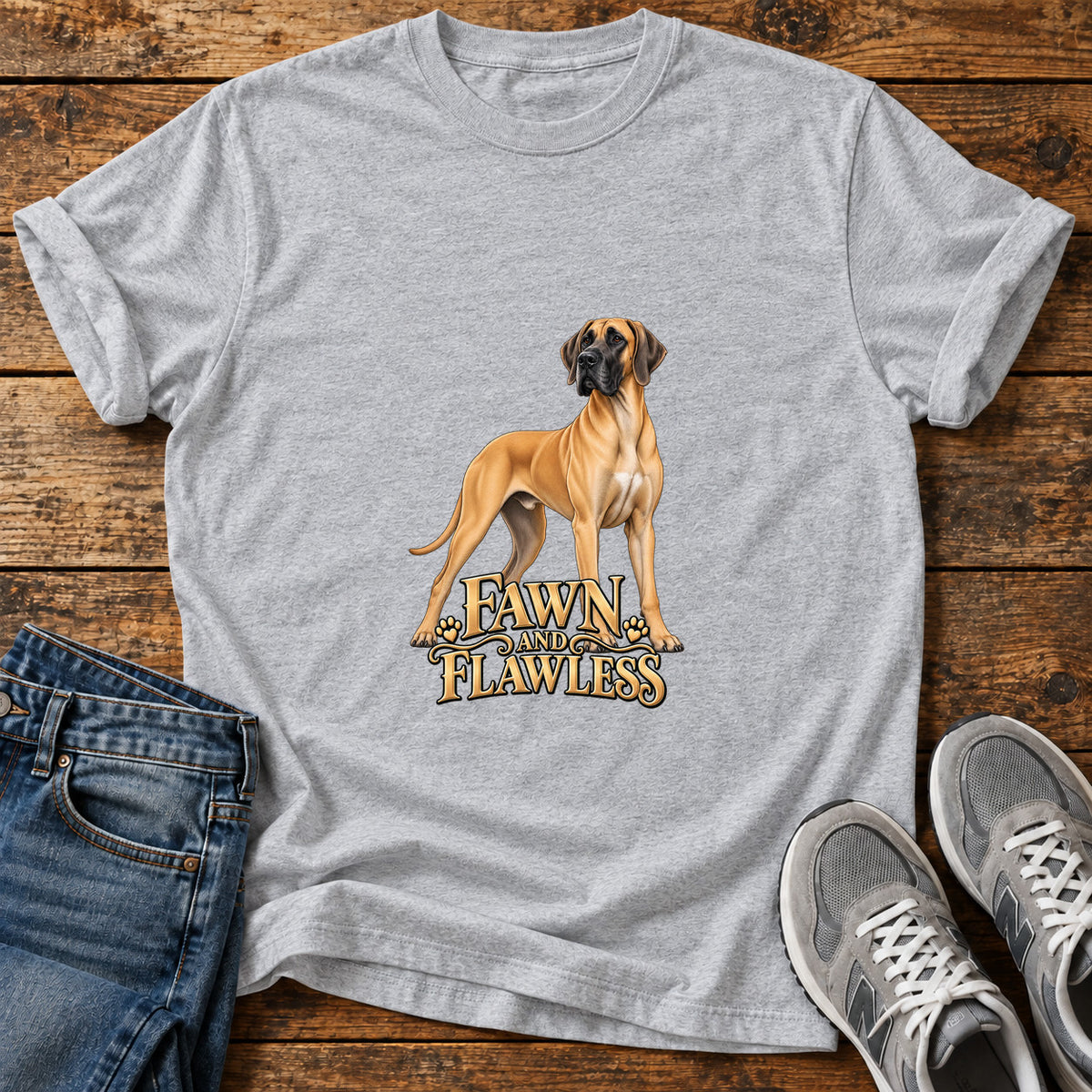 Fawn and Flawless Great Dane graphic T-shirt in Sport Grey, shown on a flat-lay shirt mockup
