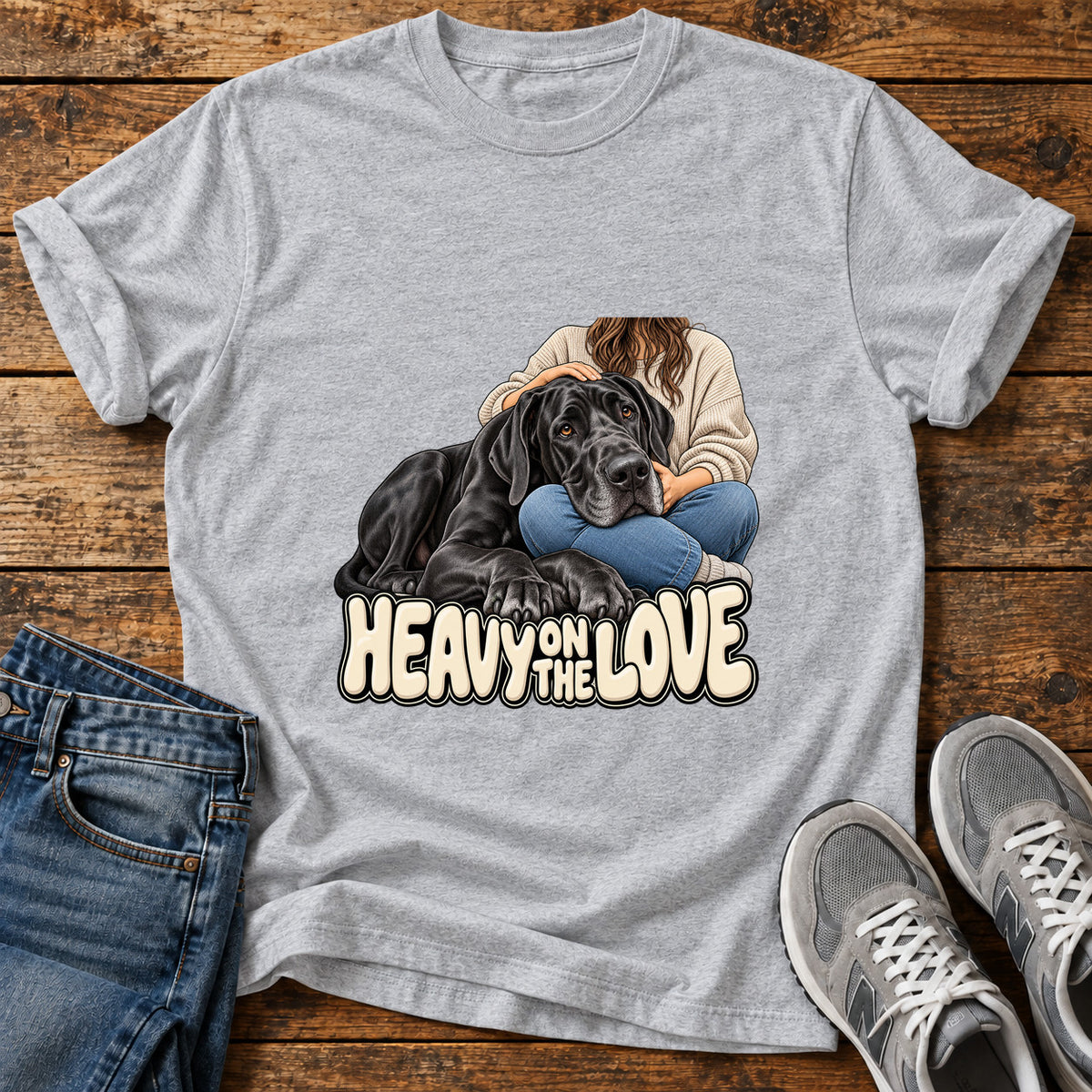 Heavy Love Great Dane graphic T-shirt in Sport Grey, shown on a flat-lay shirt mockup