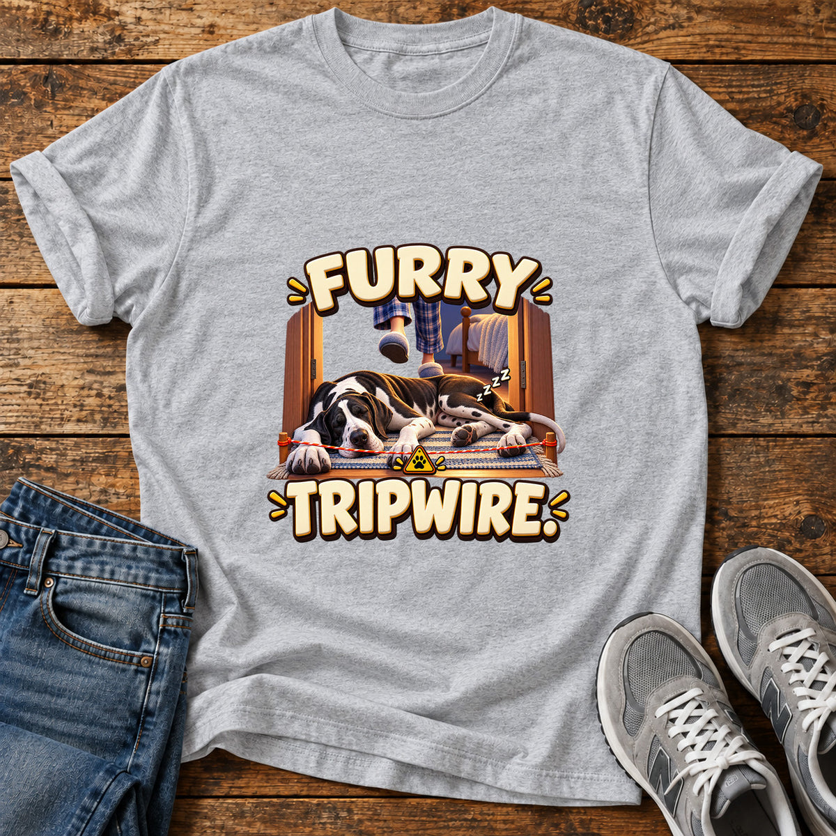 Furry Tripwire Great Dane graphic T-shirt in Sport Grey, shown on a flat-lay shirt mockup