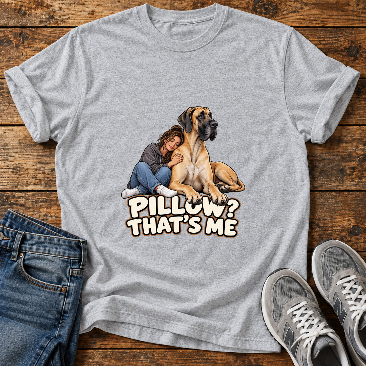 Pillow That's Me Great Dane graphic T-shirt in Sport Grey, shown on a flat-lay shirt mockup