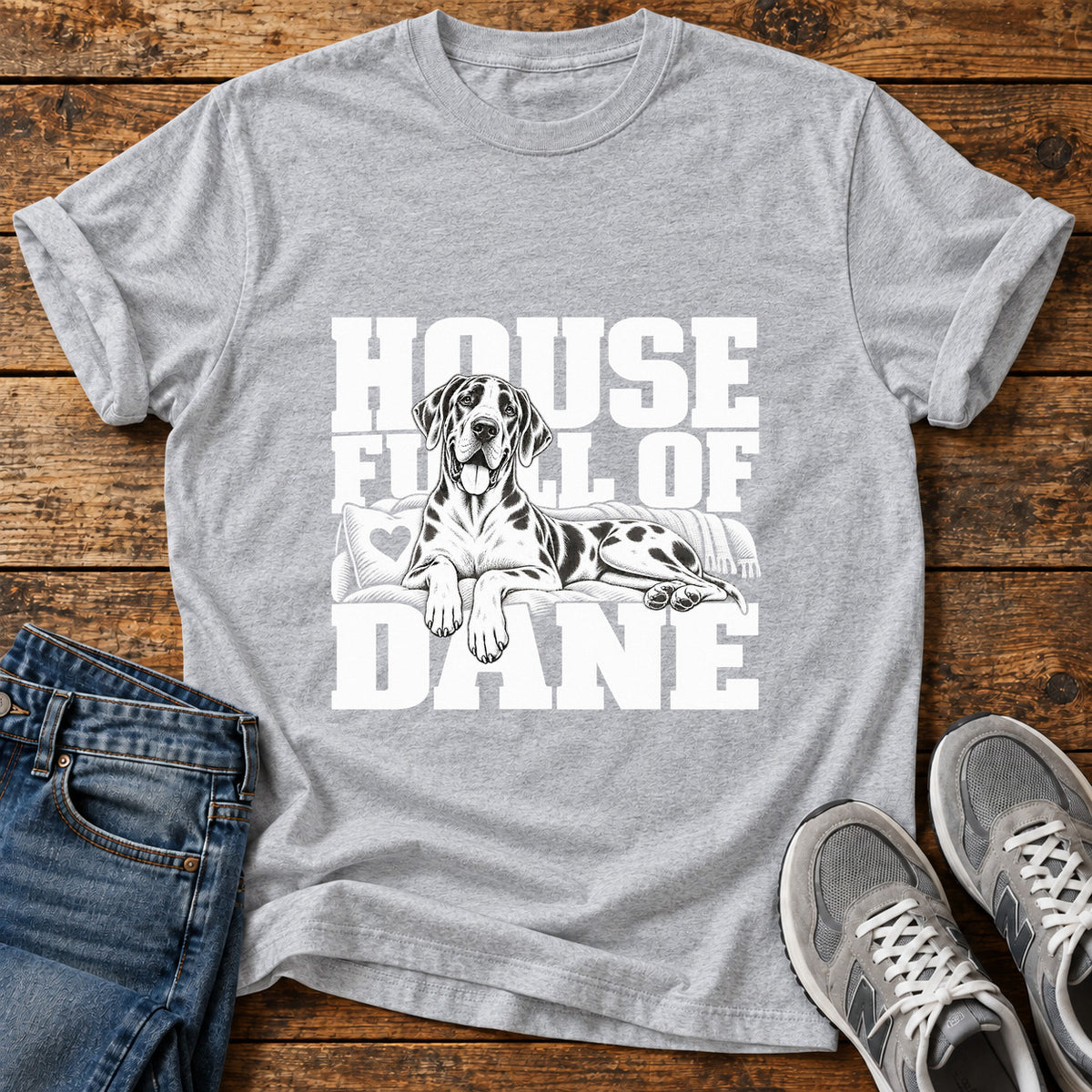 House Full Great Dane graphic T-shirt in Sport Grey, shown on a flat-lay shirt mockup