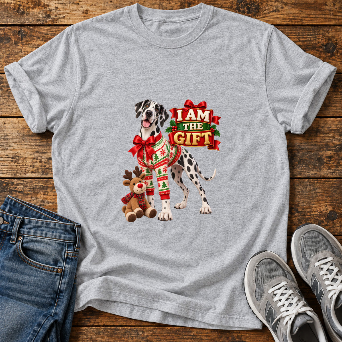 I Am Gift Great Dane graphic T-shirt in Sport Grey, shown on a flat-lay shirt mockup