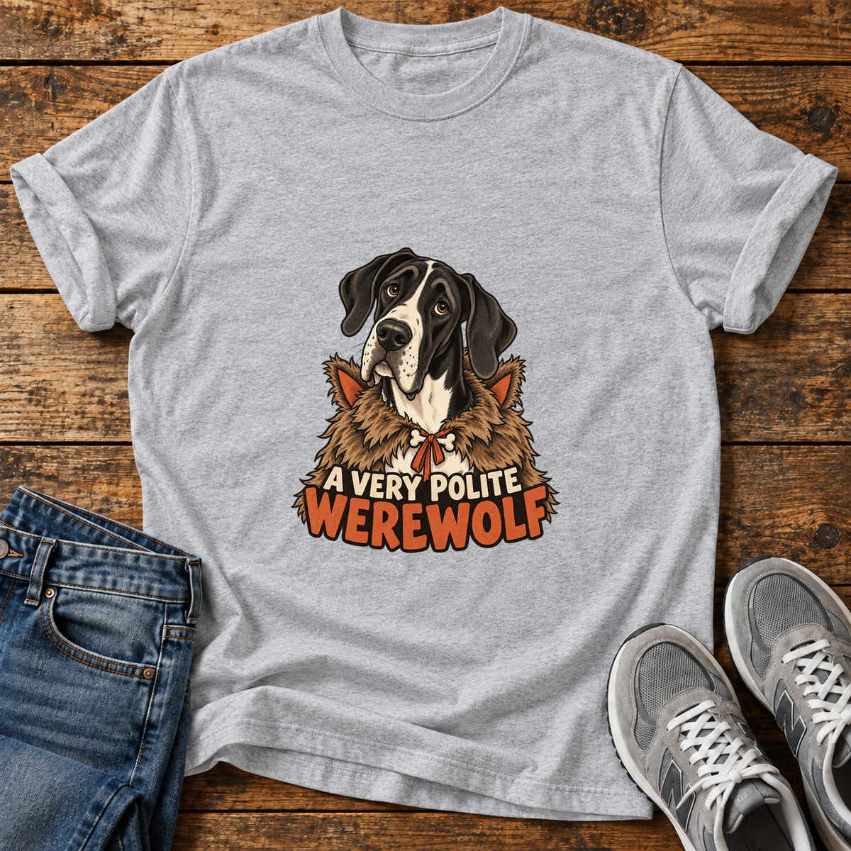 Polite Werewolf Great Dane graphic T-shirt in Sport Grey, shown on a flat-lay shirt mockup