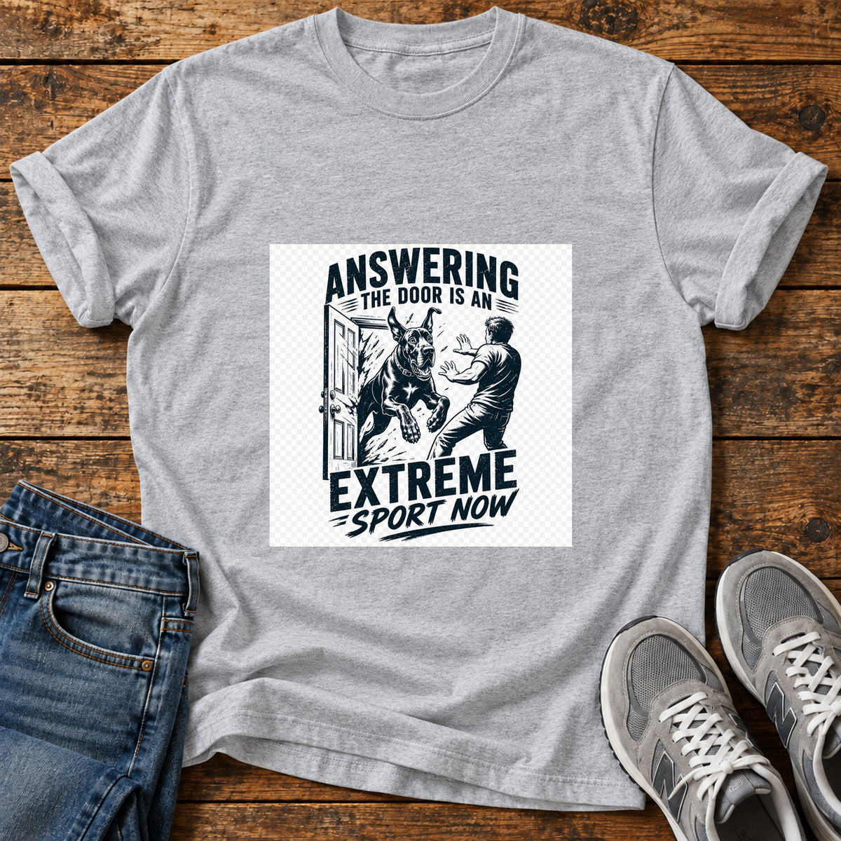Extreme Sport Now Great Dane graphic T-shirt in Sport Grey, shown on a flat-lay shirt mockup