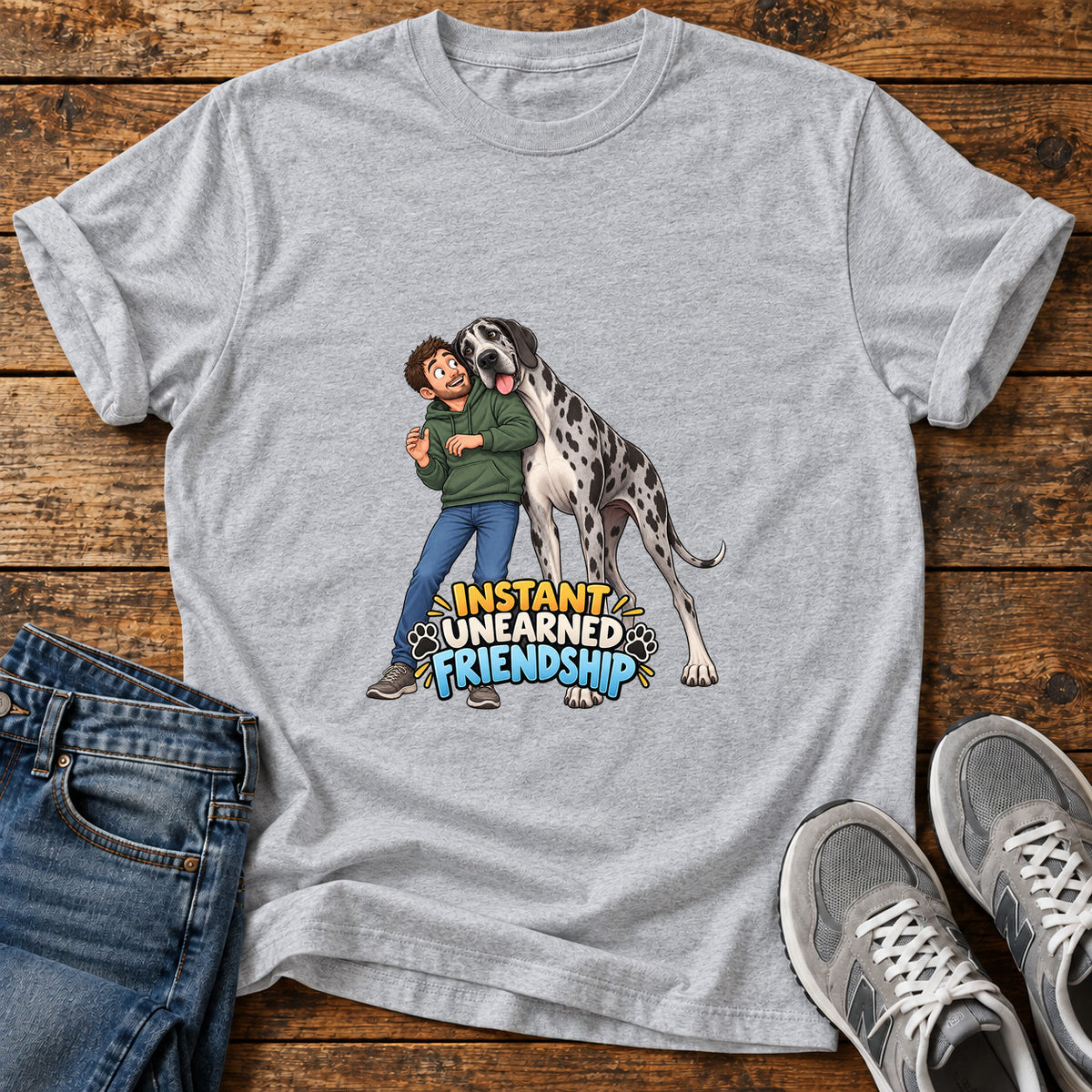 Instant Friendship Great Dane graphic T-shirt in Sport Grey, shown on a flat-lay shirt mockup
