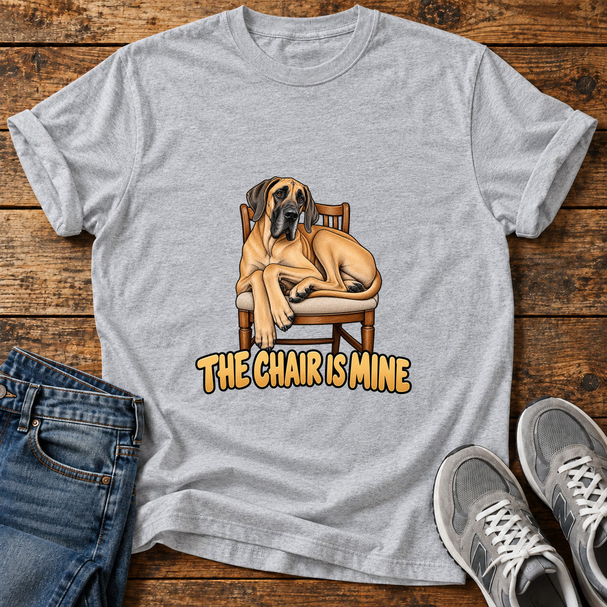 The Chair Great Dane graphic T-shirt in Sport Grey, shown on a flat-lay shirt mockup