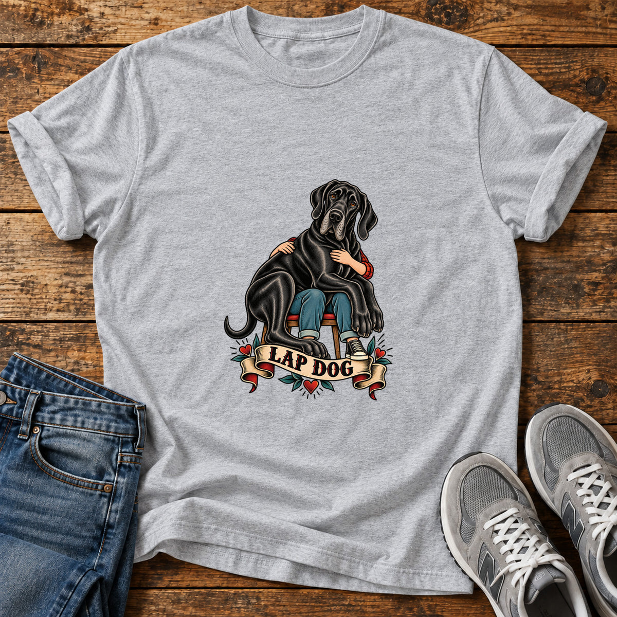 Lap Dog Great Dane graphic T-shirt in Sport Grey, shown on a flat-lay shirt mockup