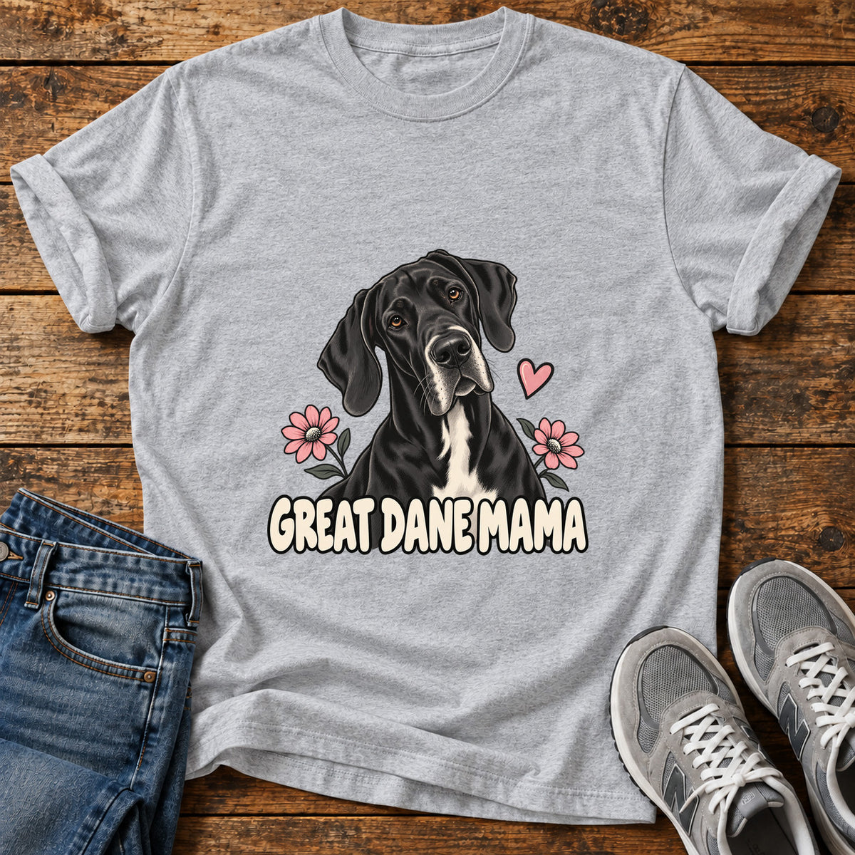 Great Dane Mama graphic T-shirt in Sport Grey, shown on a flat-lay shirt mockup