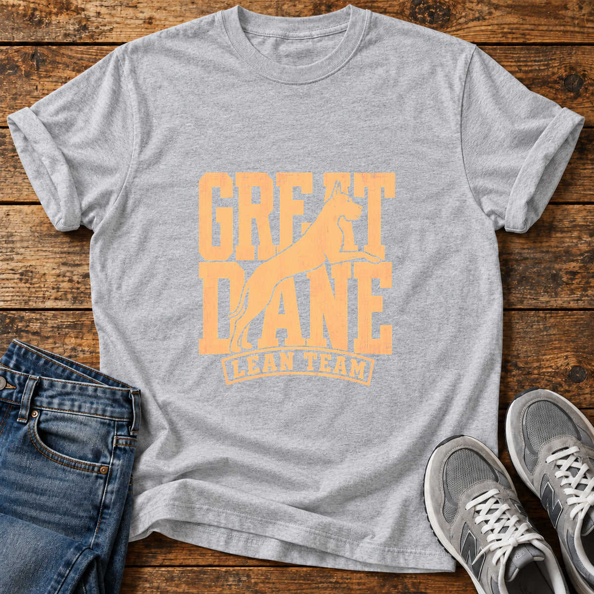 Great Dane Team graphic T-shirt in Sport Grey, shown on a flat-lay shirt mockup