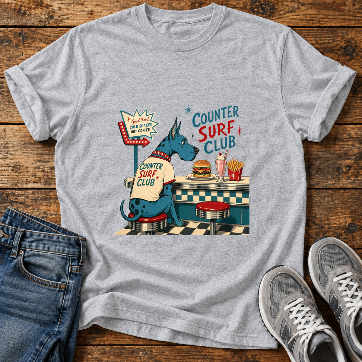 Counter Surf Club Great Dane graphic T-shirt in Sport Grey, shown on a flat-lay shirt mockup