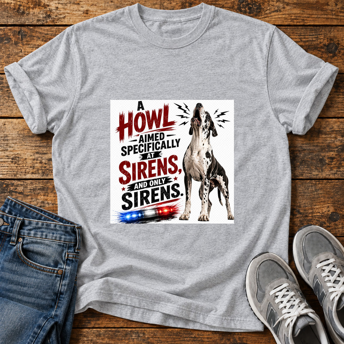 Howl Siren Dog Great Dane graphic T-shirt in Sport Grey, shown on a flat-lay shirt mockup