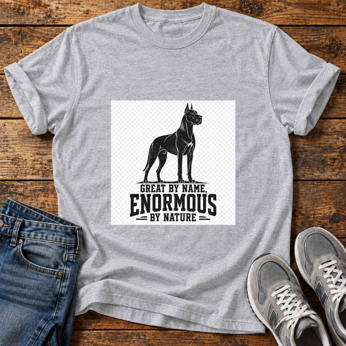 Enormous By Nature Great Dane graphic T-shirt in Sport Grey, shown on a flat-lay shirt mockup