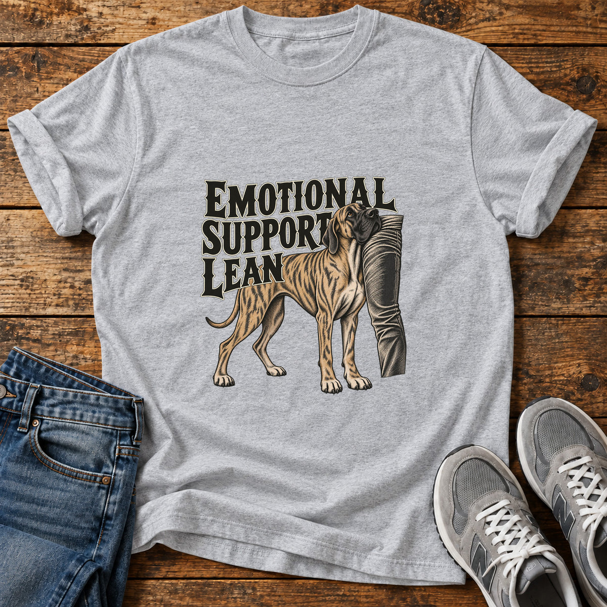 Emotional Support Lean Great Dane graphic T-shirt in Sport Grey, shown on a flat-lay shirt mockup