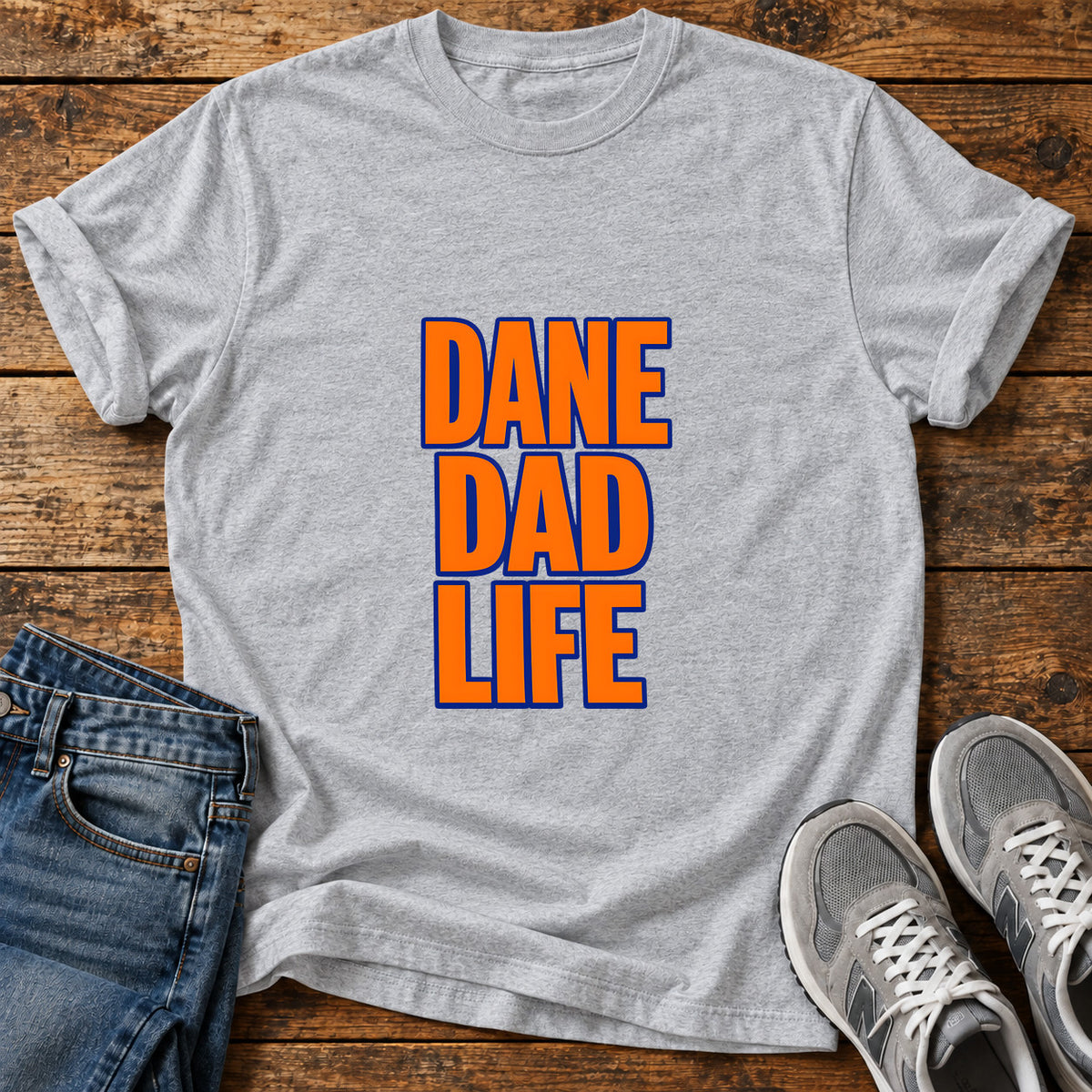 Dane Dad Life Great Dane graphic T-shirt in Sport Grey, shown on a flat-lay shirt mockup