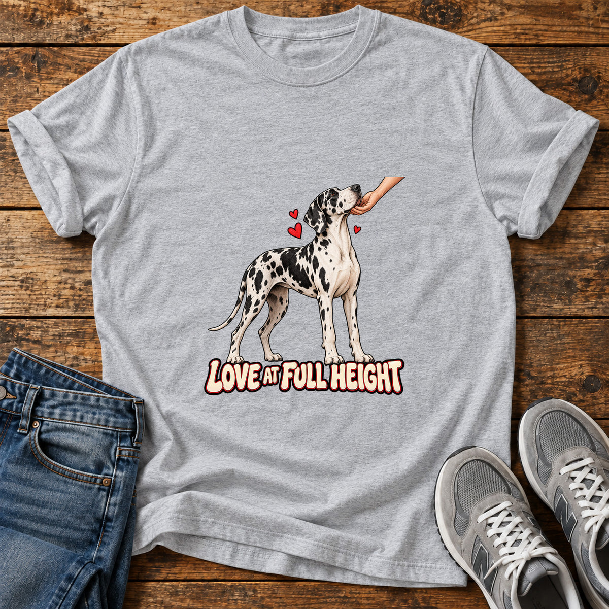 Love At Full Great Dane graphic T-shirt in Sport Grey, shown on a flat-lay shirt mockup