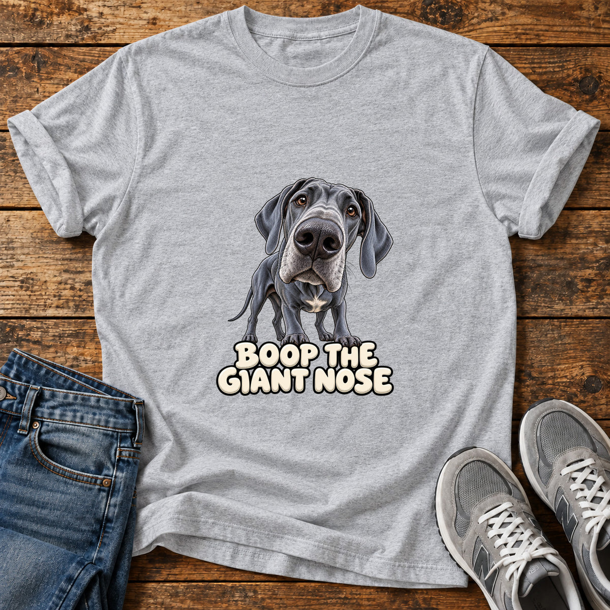 Boop Giant Nose Great Dane graphic T-shirt in Sport Grey, shown on a flat-lay shirt mockup