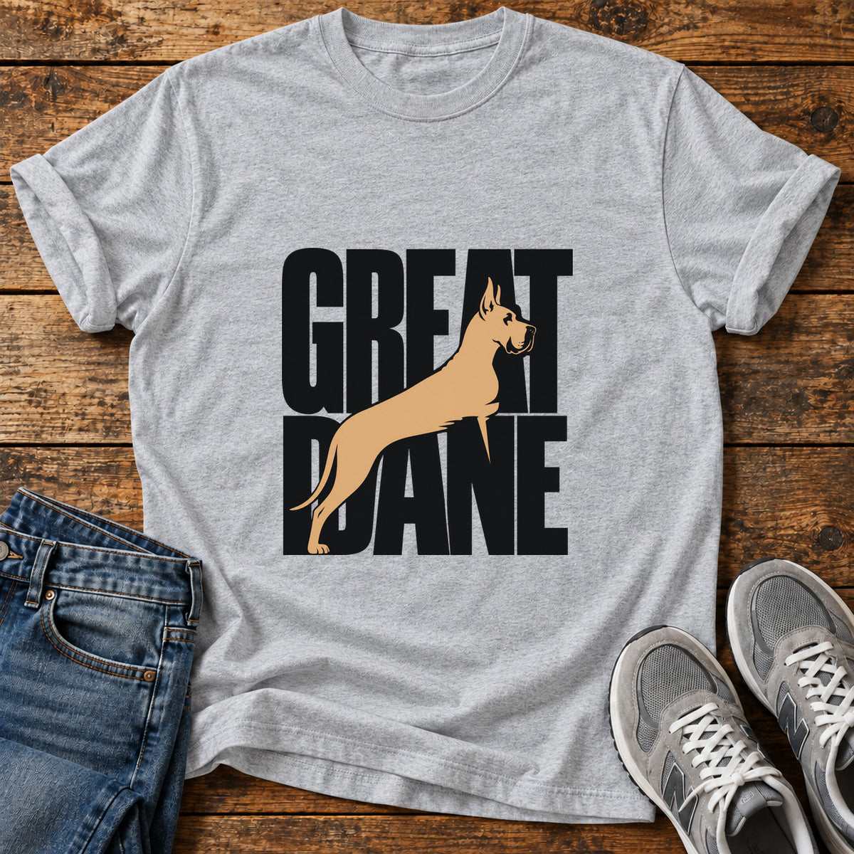 Great Dane Elegance graphic T-shirt in Sport Grey, shown on a flat-lay shirt mockup