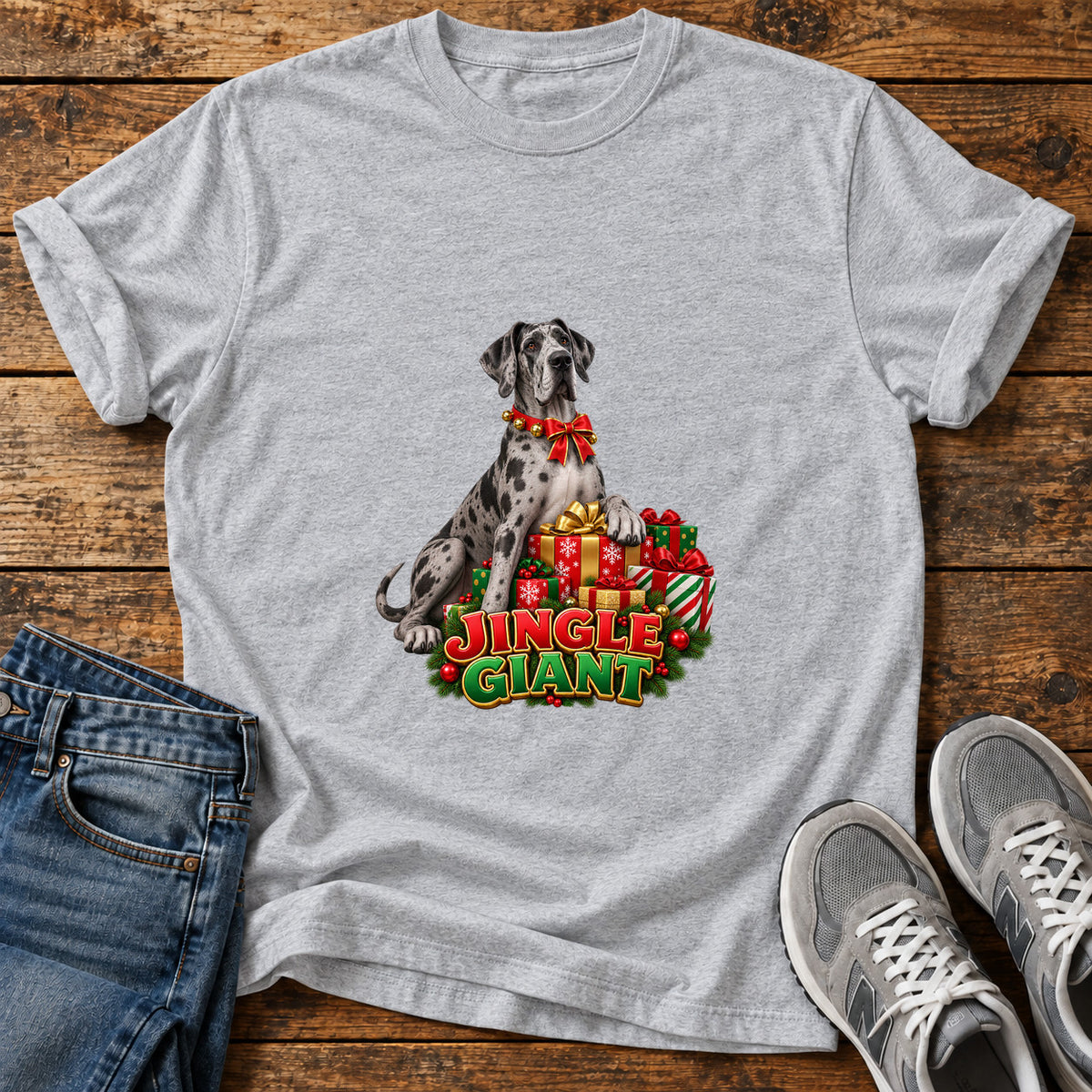 Jingle Giant Great Dane graphic T-shirt in Sport Grey, shown on a flat-lay shirt mockup
