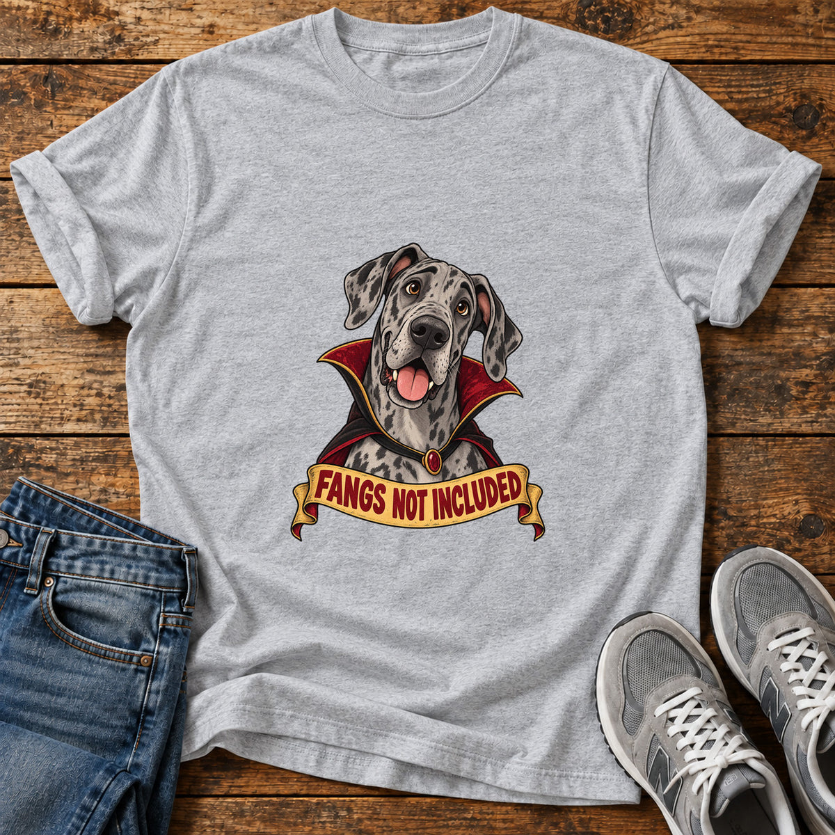 Fangs Not Included Great Dane graphic T-shirt in Sport Grey, shown on a flat-lay shirt mockup