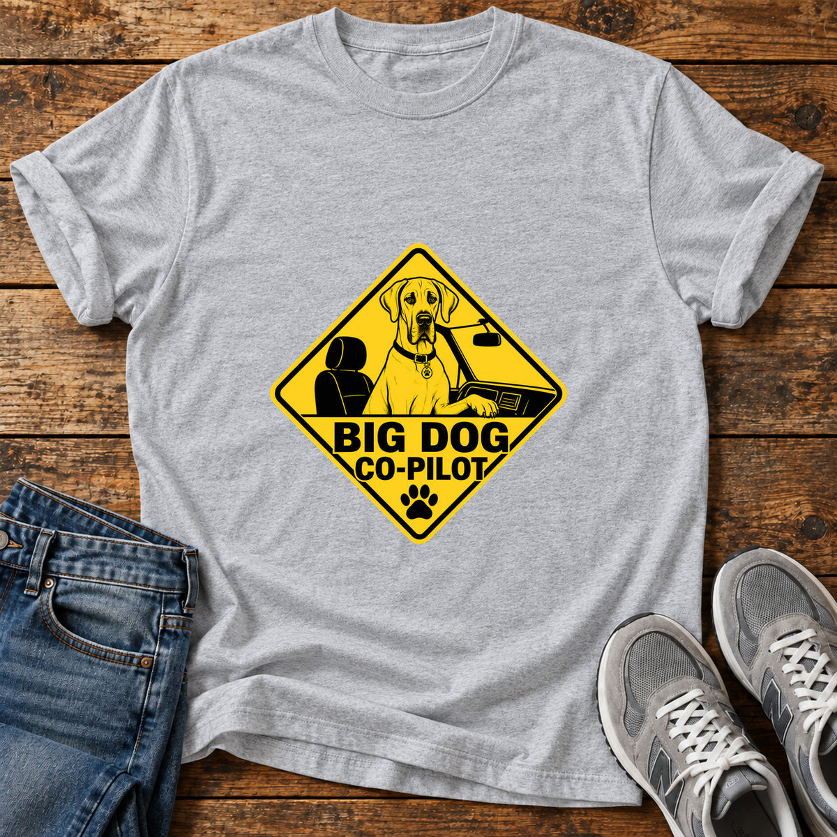 Big Dog Co-Pilot Great Dane graphic T-shirt in Sport Grey, shown on a flat-lay shirt mockup