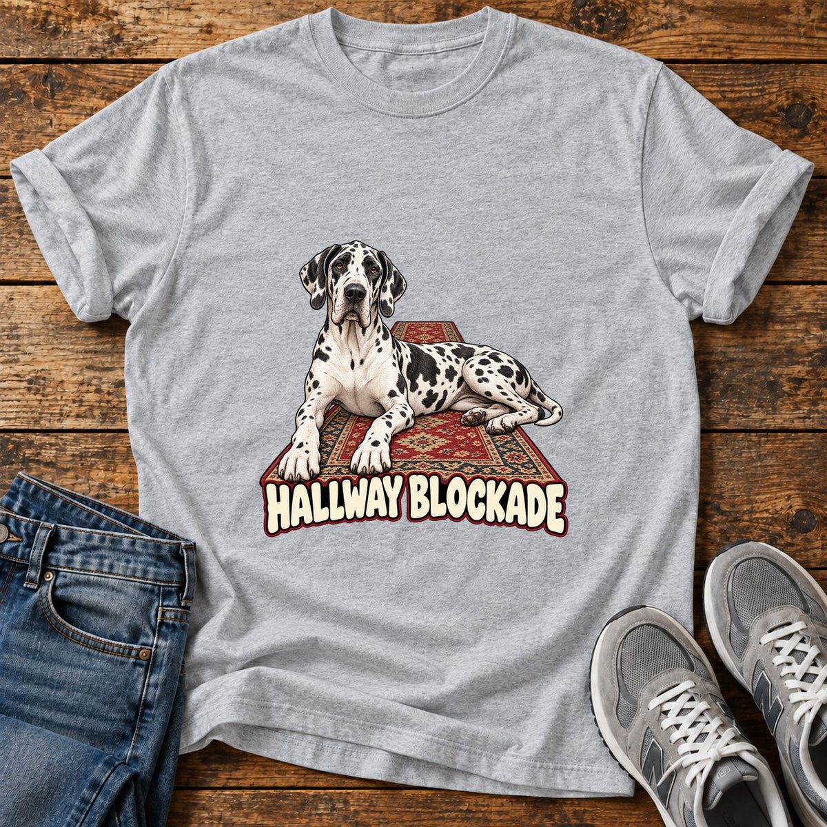 Hallway Blockade Great Dane graphic T-shirt in Sport Grey, shown on a flat-lay shirt mockup