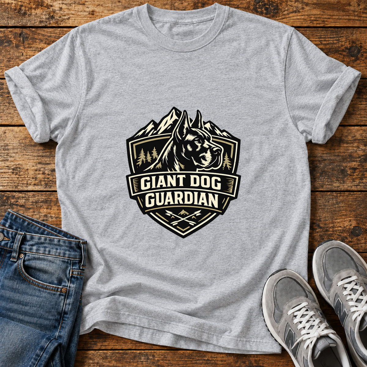 Giant Dog Guardian Great Dane graphic T-shirt in Sport Grey, shown on a flat-lay shirt mockup