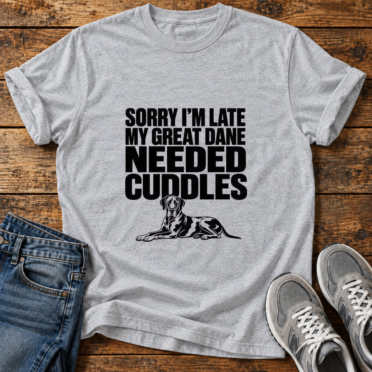 Great Dane Cuddles graphic T-shirt in Sport Grey, shown on a flat-lay shirt mockup