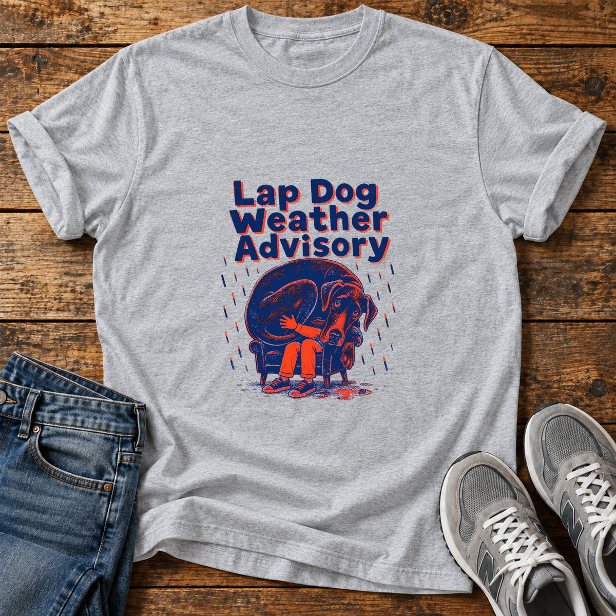 Lap Dog Weather Great Dane graphic T-shirt in Sport Grey, shown on a flat-lay shirt mockup
