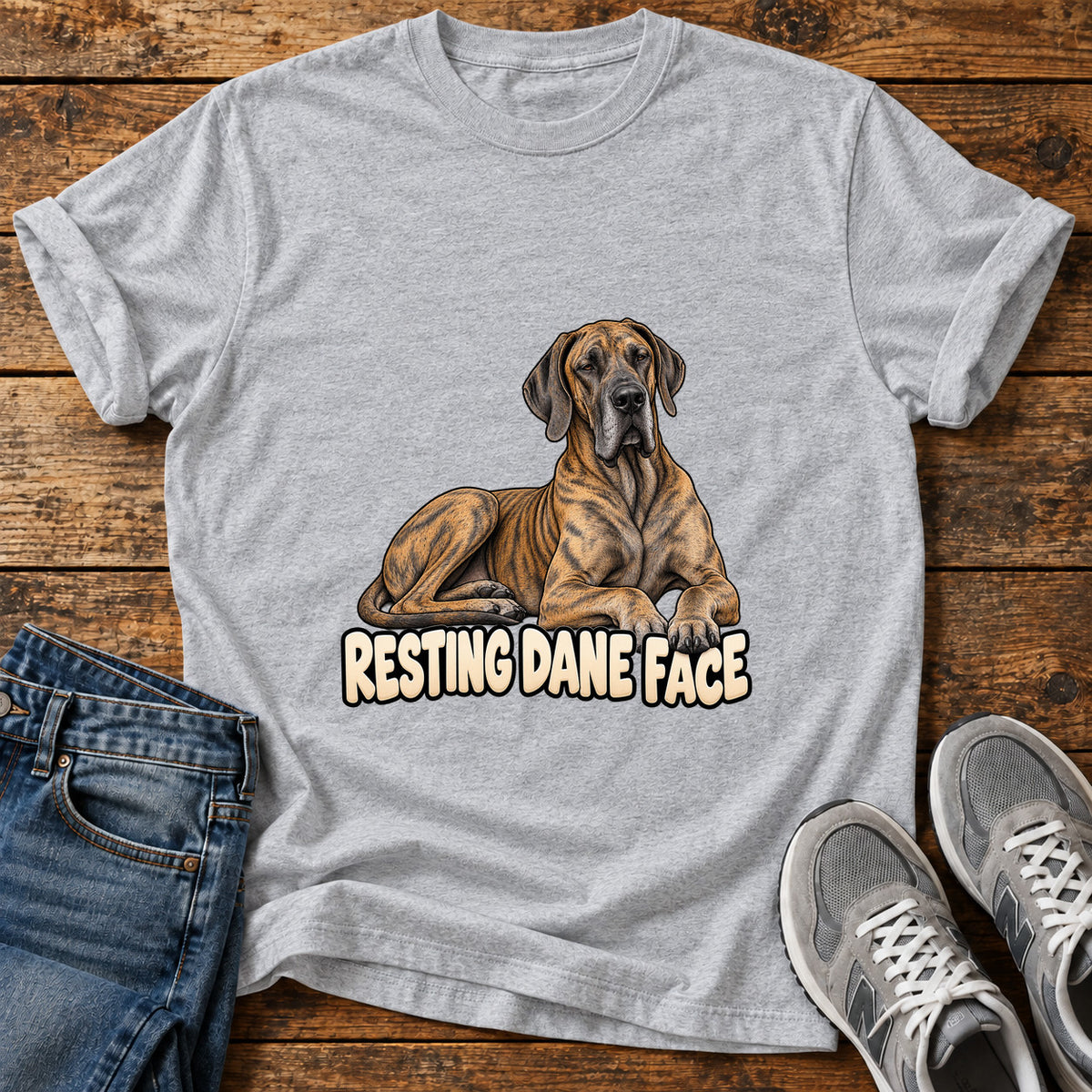 Resting Dane Face Great Dane graphic T-shirt in Sport Grey, shown on a flat-lay shirt mockup