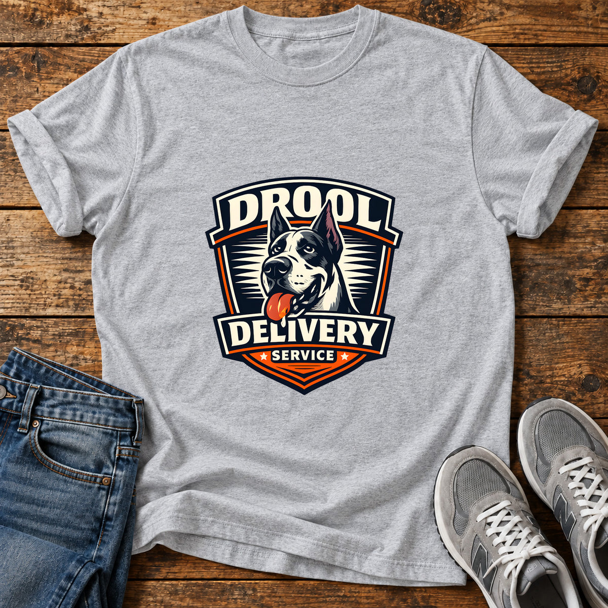 Drool Delivery Service Great Dane graphic T-shirt in Sport Grey, shown on a flat-lay shirt mockup
