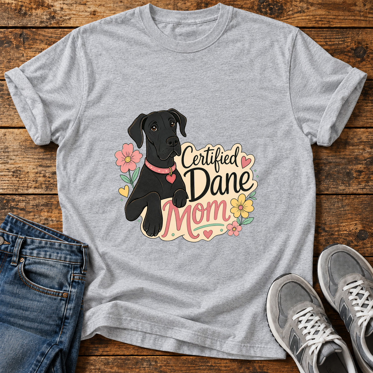 Certified Dane Mom Great Dane graphic T-shirt in Sport Grey, shown on a flat-lay shirt mockup