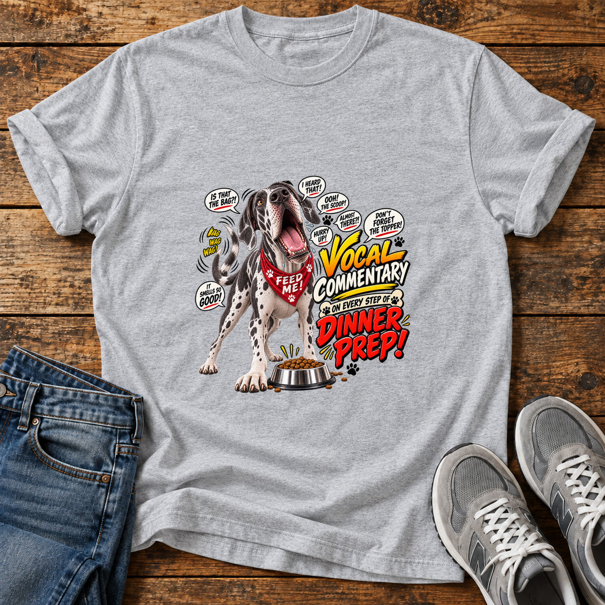 Dinner Prep Commentary Great Dane graphic T-shirt in Sport Grey, shown on a flat-lay shirt mockup
