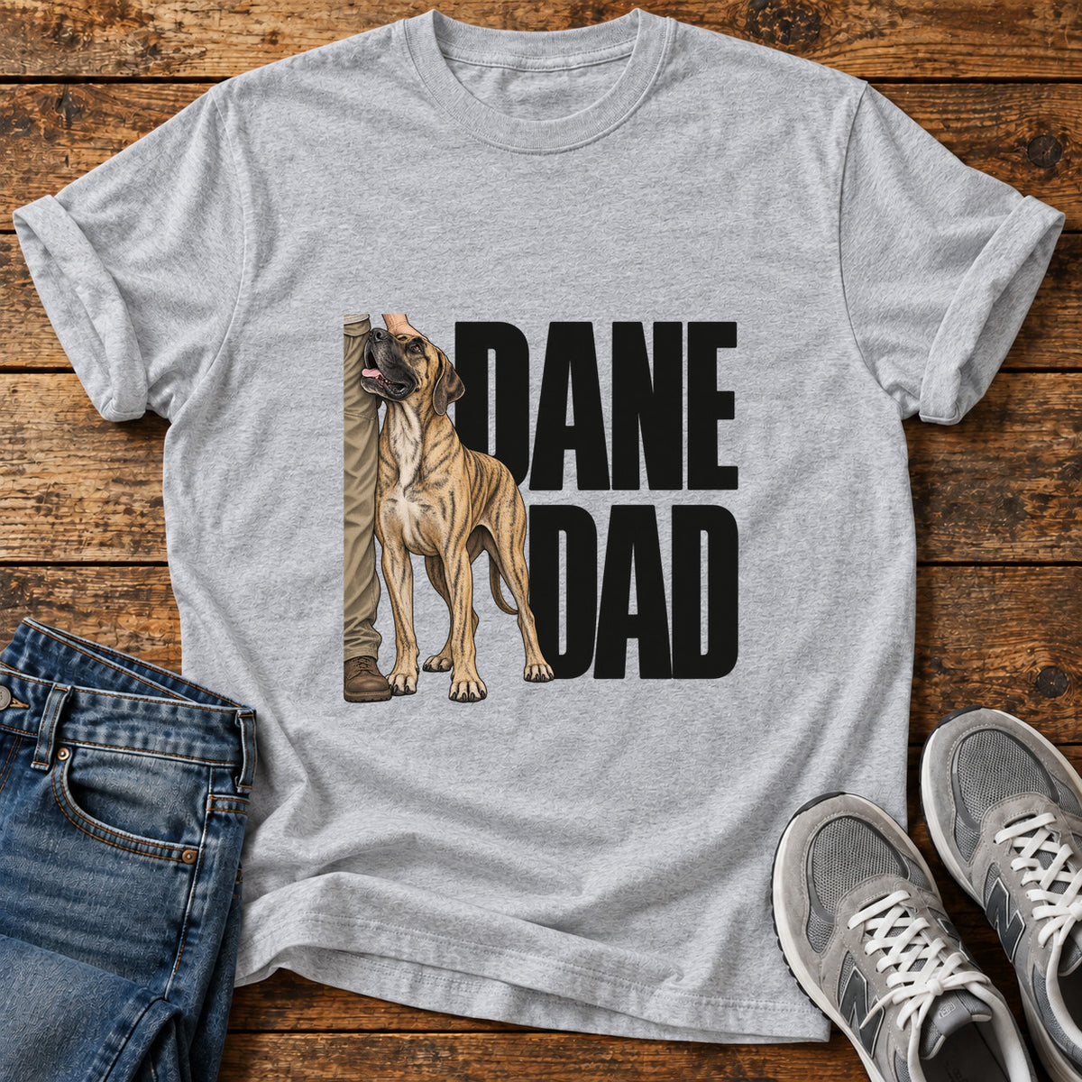 Dane Dad Great Dane graphic T-shirt in Sport Grey, shown on a flat-lay shirt mockup