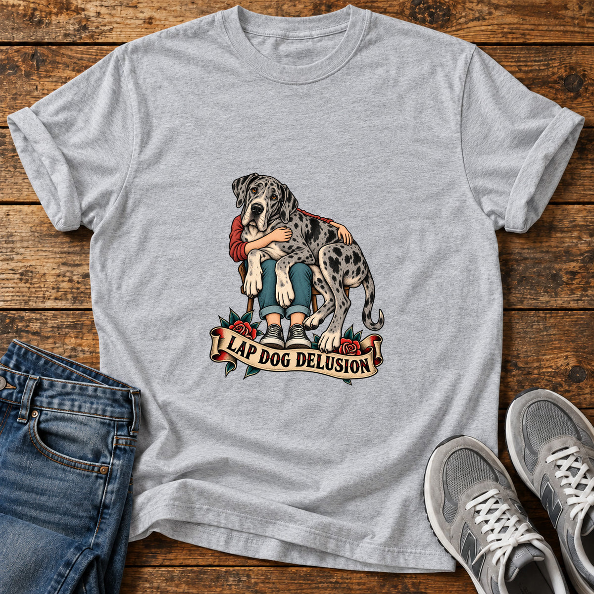 Lap Dog Delusion Great Dane graphic T-shirt in Sport Grey, shown on a flat-lay shirt mockup