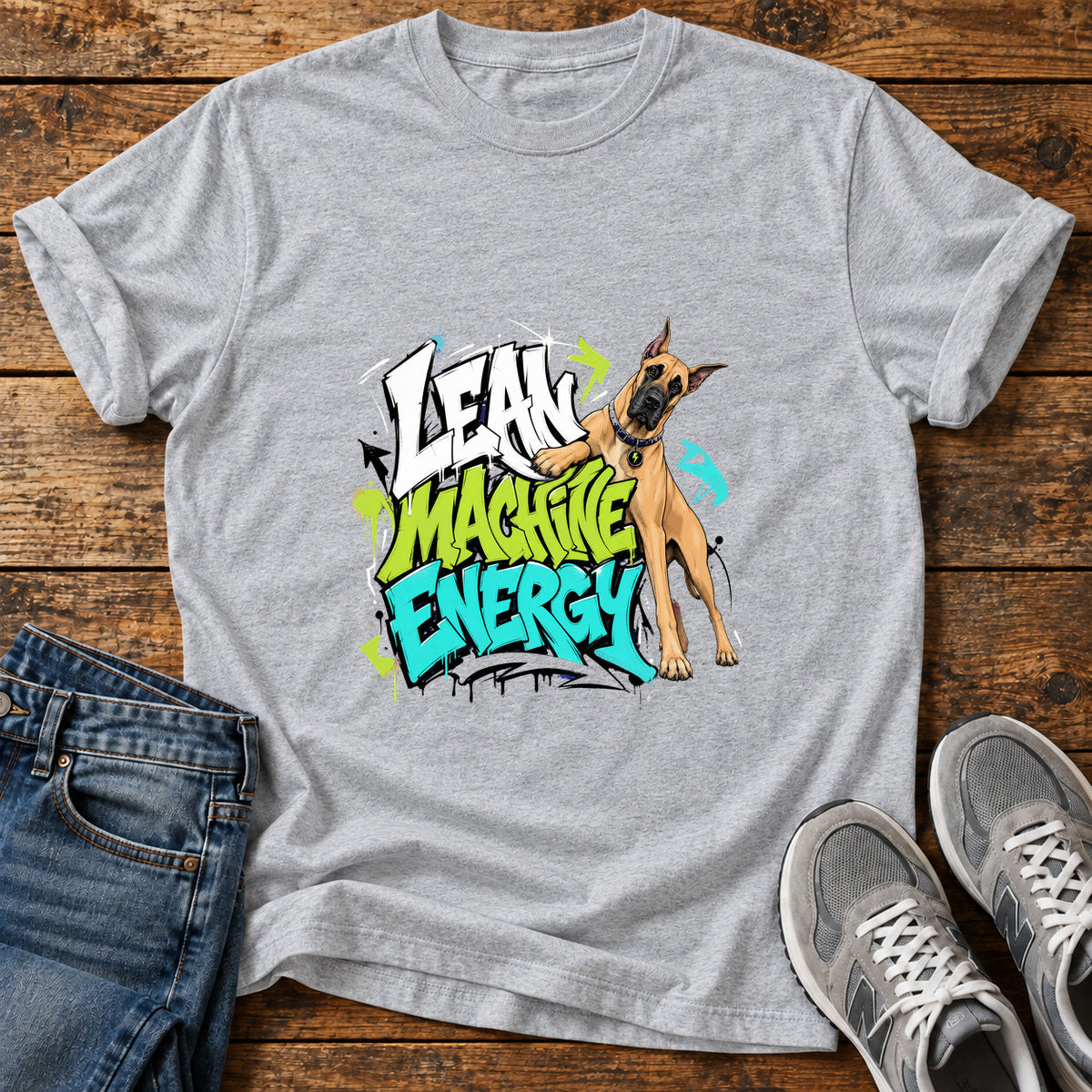 Lean Machine Energy Great Dane graphic T-shirt in Sport Grey, shown on a flat-lay shirt mockup