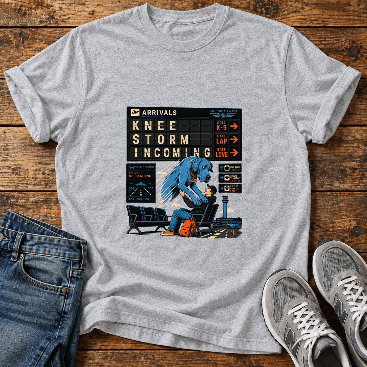 Knee Storm Incoming Great Dane graphic T-shirt in Sport Grey, shown on a flat-lay shirt mockup