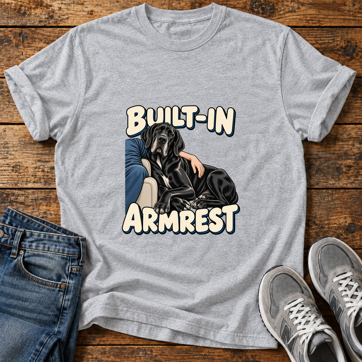 Built-In Armrest Great Dane graphic T-shirt in Sport Grey, shown on a flat-lay shirt mockup