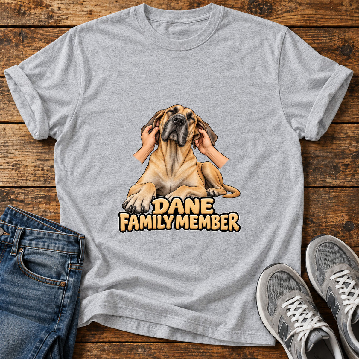 Dane Family Member Great Dane graphic T-shirt in Sport Grey, shown on a flat-lay shirt mockup