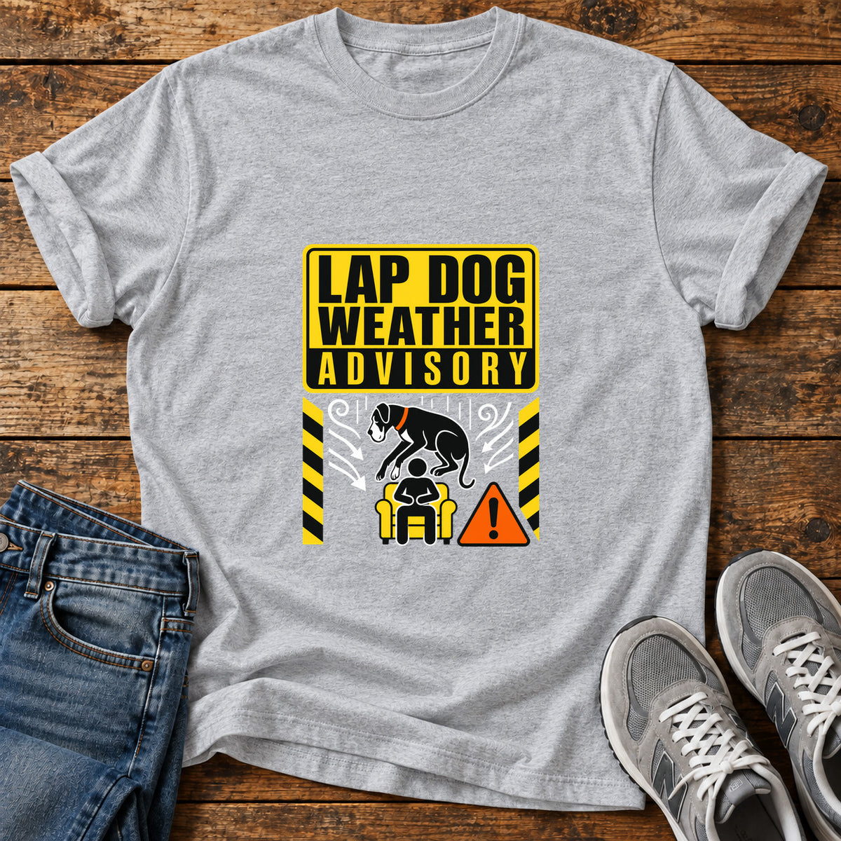 Lap Dog Advisory Great Dane graphic T-shirt in Sport Grey, shown on a flat-lay shirt mockup