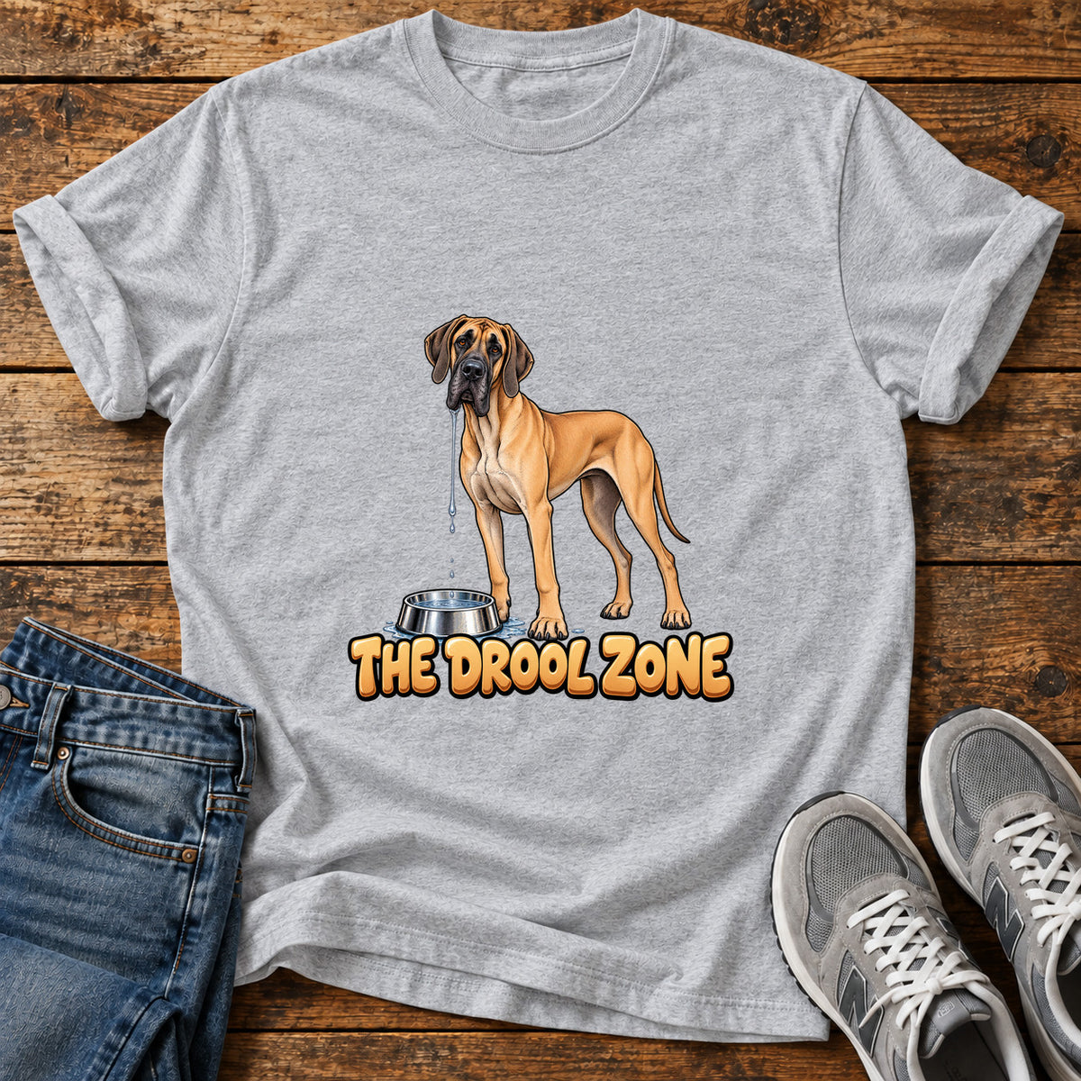 The Drool Zone Great Dane graphic T-shirt in Sport Grey, shown on a flat-lay shirt mockup