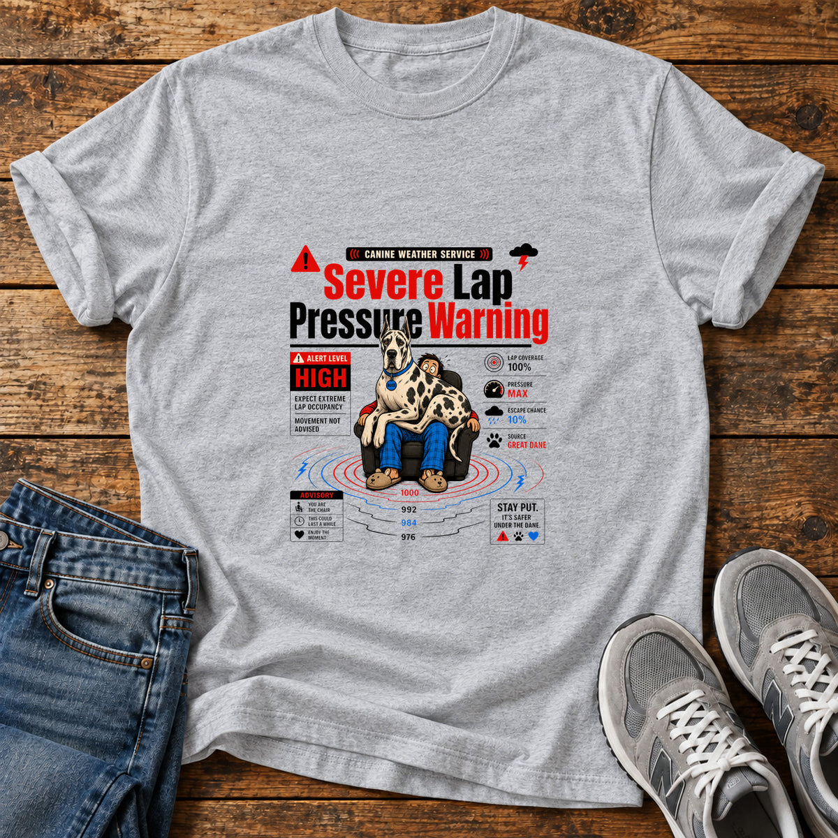 Severe Lap Warning Great Dane graphic T-shirt in Sport Grey, shown on a flat-lay shirt mockup