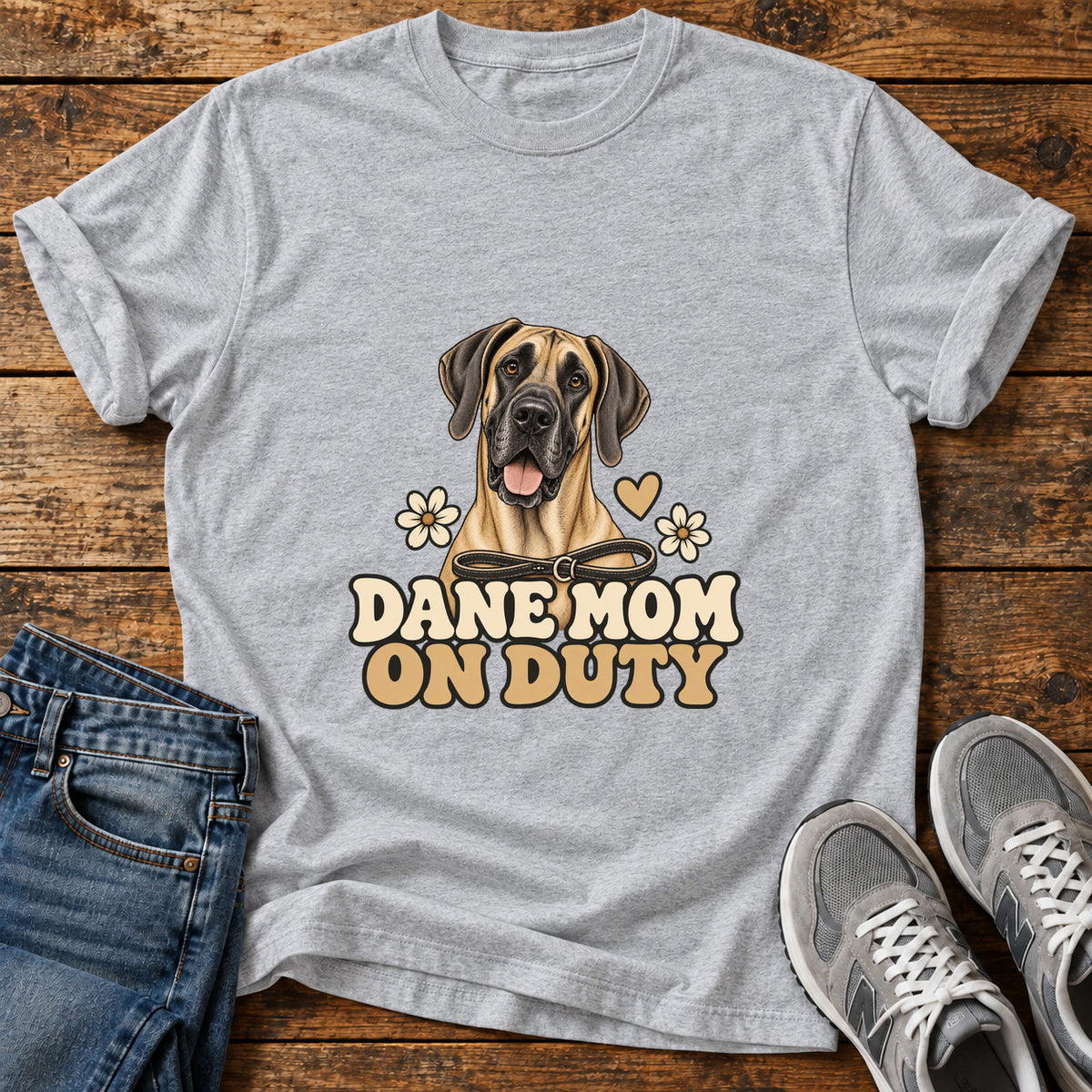 Dane Mom Duty Great Dane graphic T-shirt in Sport Grey, shown on a flat-lay shirt mockup